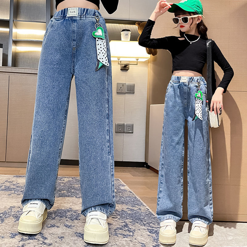 girls‘ jeans spring and autumn 2024 new children‘s straight-leg pants fashionable trousers girls‘ autumn wide-leg pants