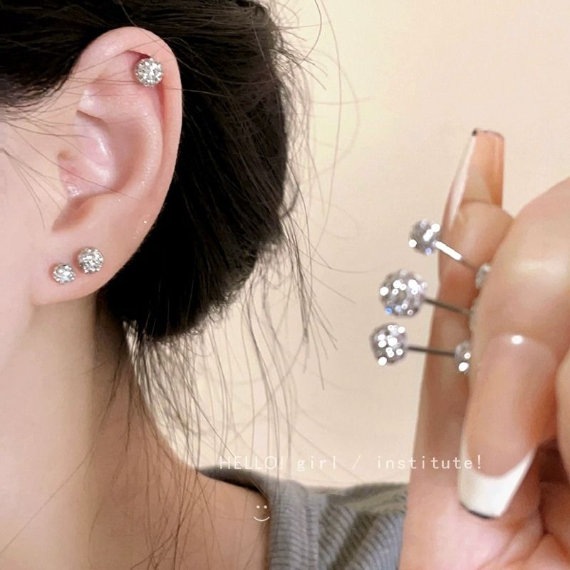 sterling silver stud earrings korean exquisite shining diamond ball sleeping no need to take off ear bone stud unique earrings 2024 new popular