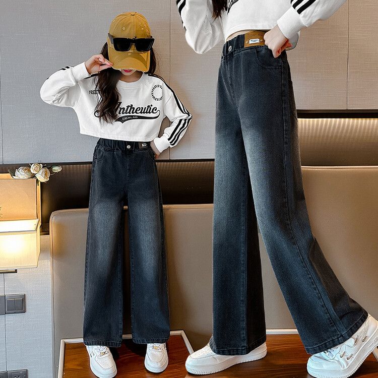 Girls' Wide-Leg Pants Spring and Autumn 2024 New Medium and rge Children's Jeans Children's Straight Pants Loose Girl's Western Style