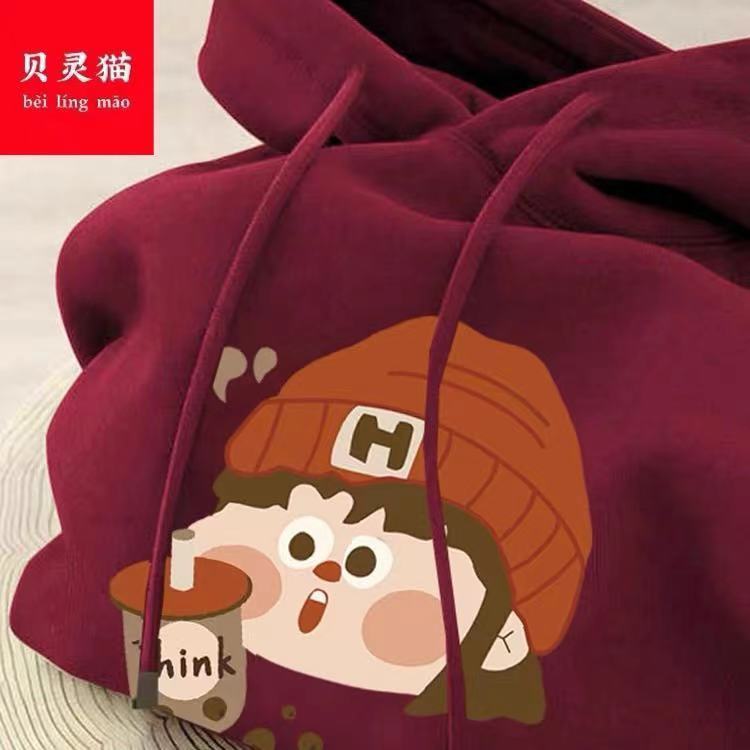 children‘s sweater spring and autumn thin 2023 new medium and big children girls autumn and winter fleece-lined thick burgundy hooded sweater fashion