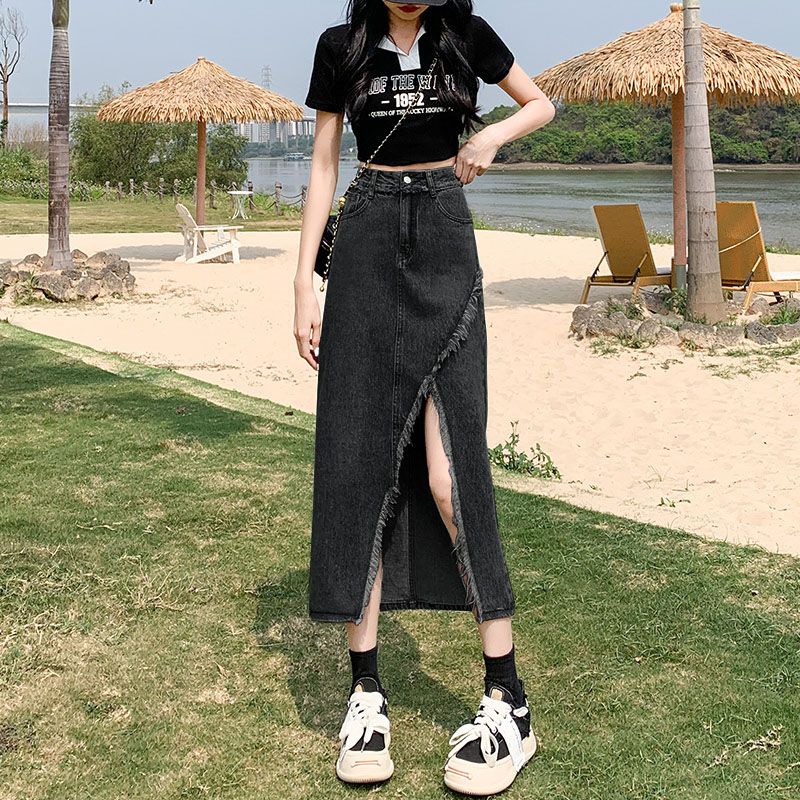 irregular slit denim skirt mid-length slimming high-end 2023 new women‘s raw hem high waist a- line skirt