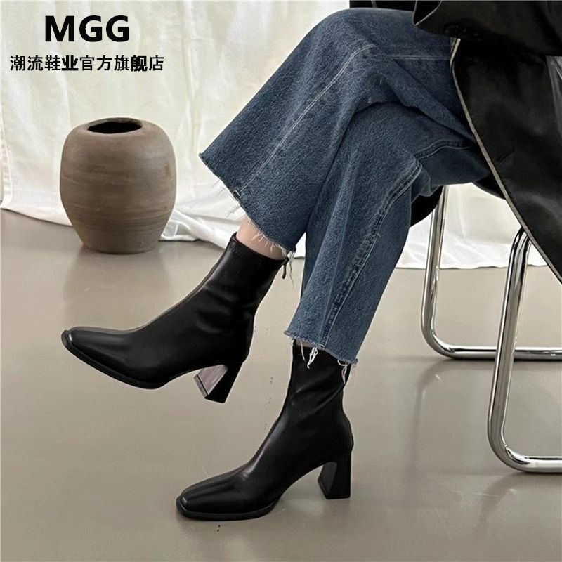 high heel fashion skinny boots little fairy 2024 new soft leather chunky heel smoke pipe online influencer fashion chelsea ankle boots for women