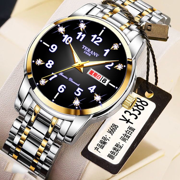 genuine goods swiss automatic mechanical watch men‘s watch korean-style simple waterproof luminous double calendar fashion mechanical watch