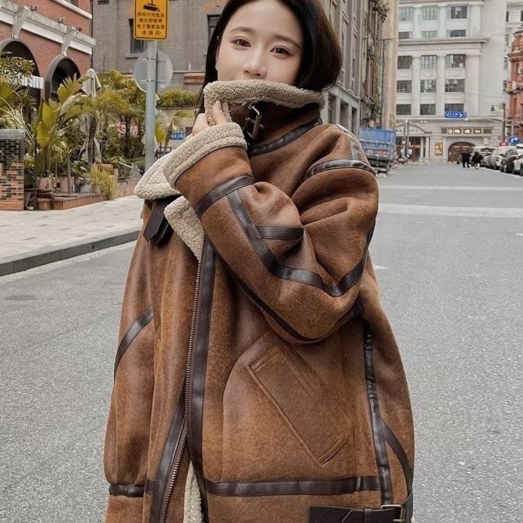 fur integrated lamb wool coat for women 2024 autumn and winter new loose retro motorcycle clothing warm jacket coat for women