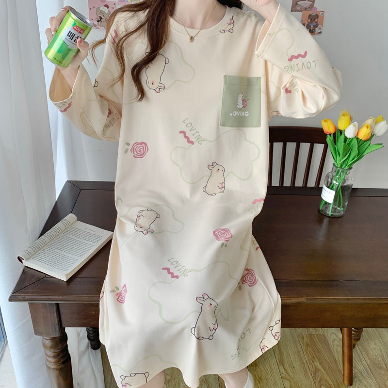 pure cotton nightdress women‘s spring and autumn long-sleeved cotton student ins dormitory cute casual suitable for daily wear homewear