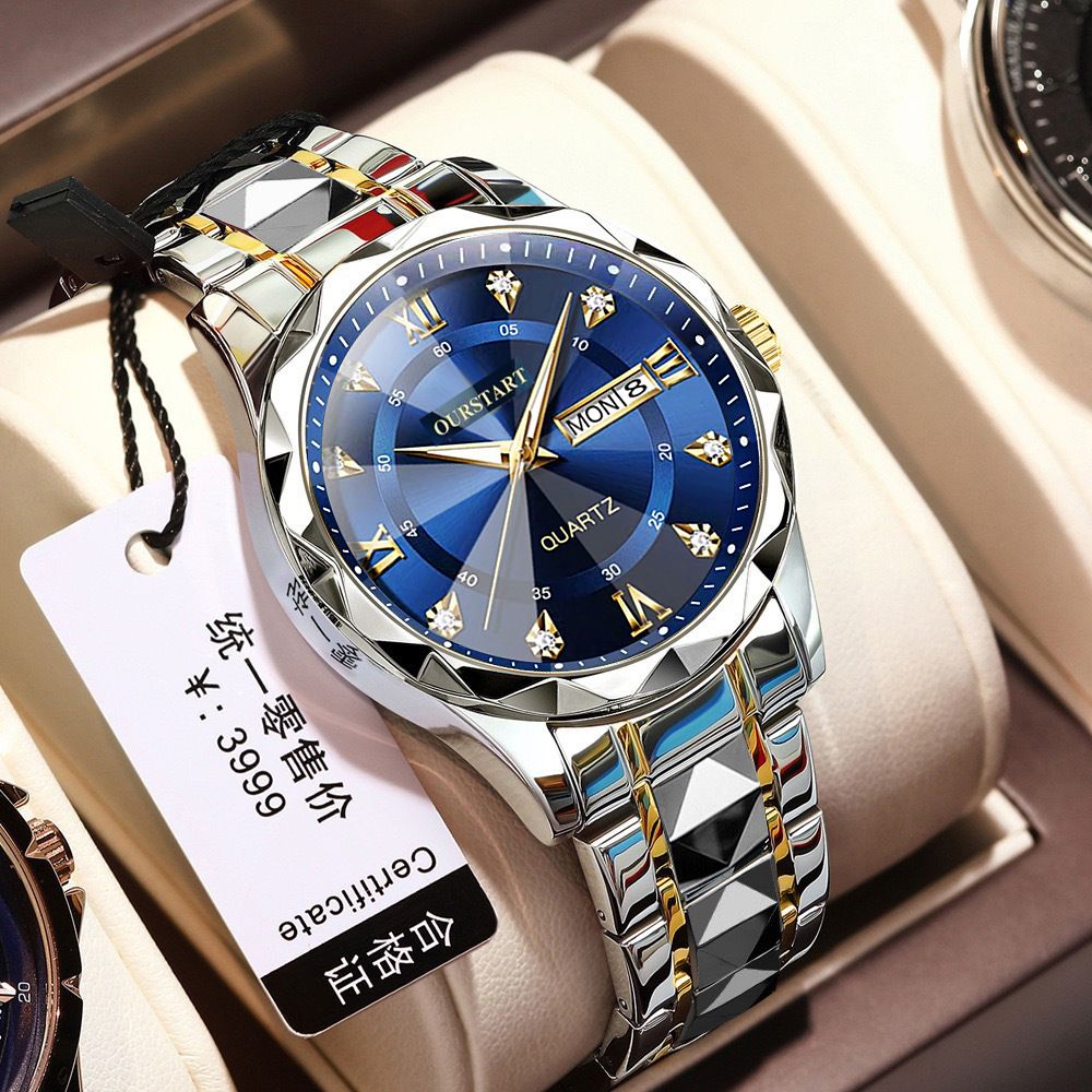 internet celebrity diamond-shaped automatic business men‘s watch steel belt double calendar luminous quartz watch men‘s high-end rhinestone male student