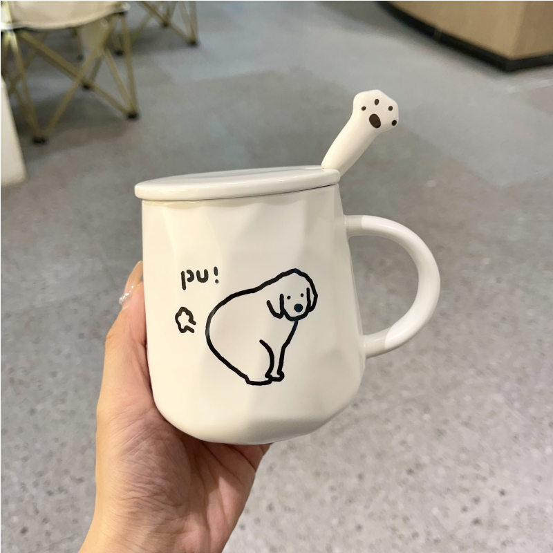 simple cartoon porcelain mug with cover spoon male and female student dormitory daily water cup breakfast milk cup coffee cup