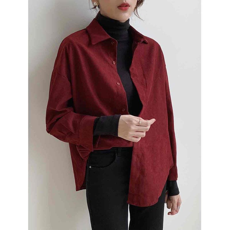 brushed plush shirt female fall and winter inner wear niche retro bandage dress style wine red loose long sleeve shirt coat top