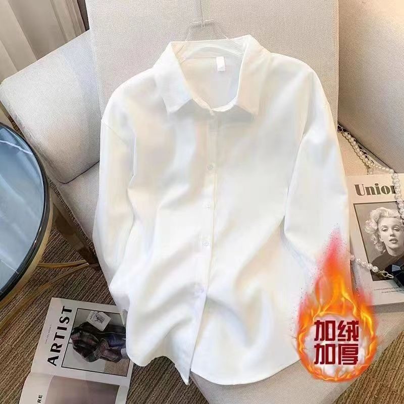 fleece-lined warm white shirt women‘s long sleeve 2023 autumn and winter new loose plus size bottoming shirt western style shirt women‘s top