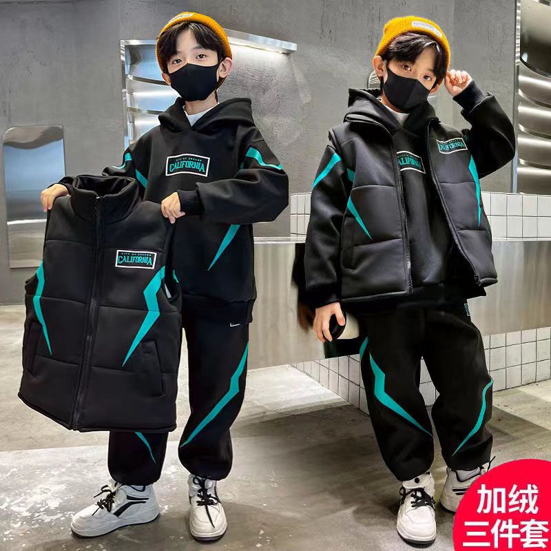 boys suit fleece-lined thickened 2024 new autumn and winter medium and large children boys fashionable sweater three-piece korean style