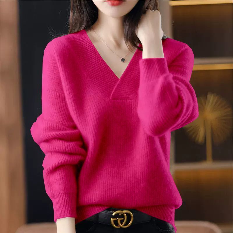 2023 outdoor wear autumn and winter new solid color and v-neck knitwear women‘s loose slimming knitted pullover thick sweater women‘s