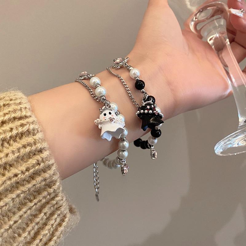 black and white little ghost beaded bracelet niche normcore bag female girlfriends high-grade sweet cool hot girl student fashion accessories