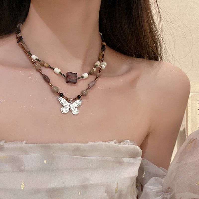 new chinese style necklace vintage beaded butterfly necklace for women light luxury minority design sense inner zen clavicle chain accessories