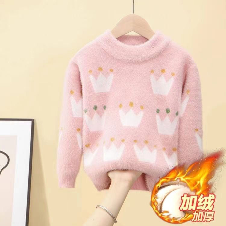 children baby girl winter fleece-lined thickened round neck long sleeve sweater loose mink fur new fashionable sweater