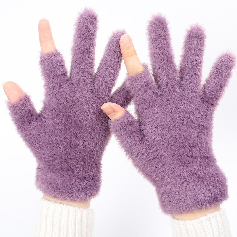 finger leakage thermal gloves women‘s winter thickened fleece solid color cute student exposed two finger cycling touch screen gloves