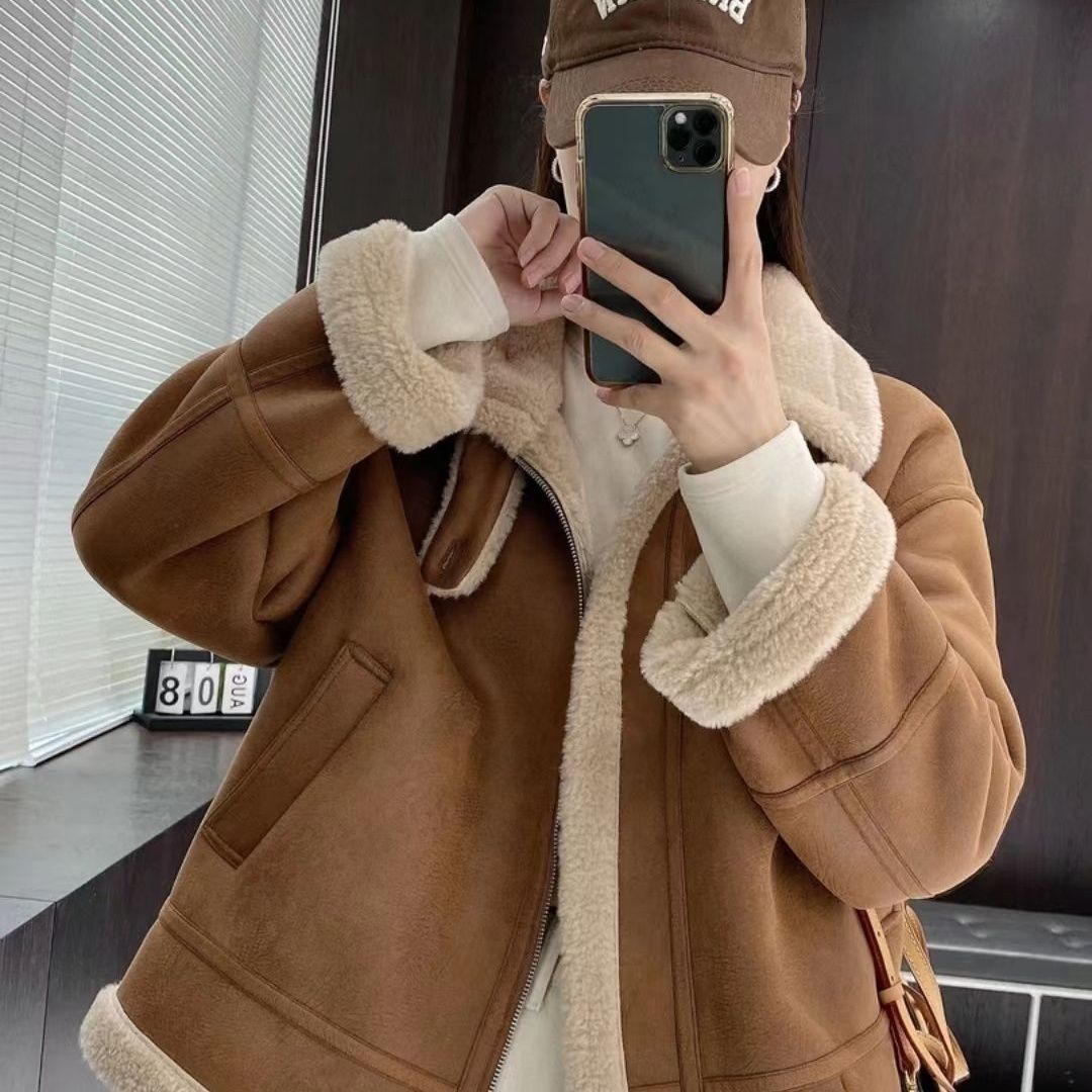 lamb wool coat for women autumn and winter 2023 new thickened one-piece fur motorcycle coat short plush cotton jacket top