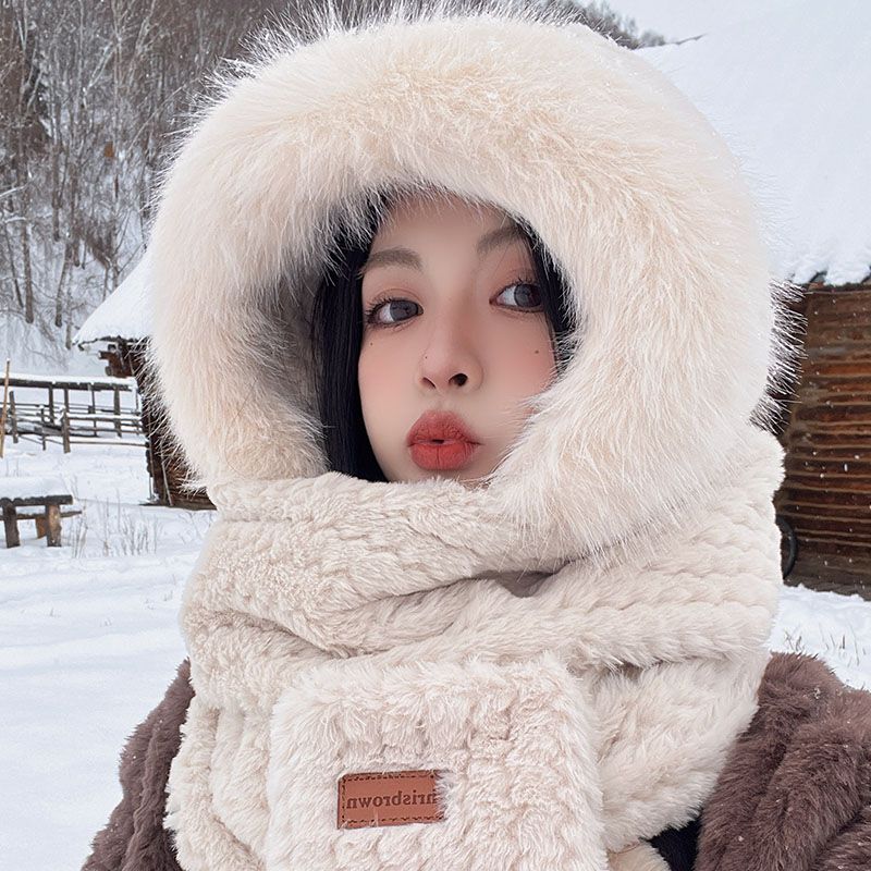 new winter women‘s warm thickened fleece hat scarf gloves integrated three-piece set cold protection earflaps cute hat