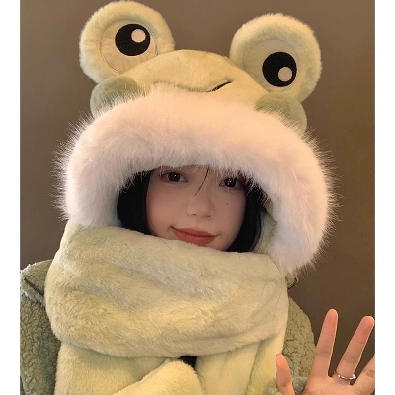 cute frog hat scarf integrated women‘s winter cycling cold protection thick warm scarf plush gloves three-piece set