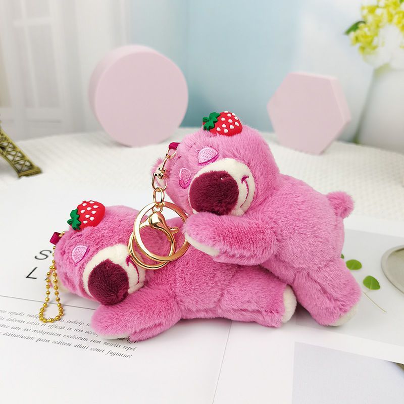 popular cute lying-style strawberry bear keychain pendant internet celebrity ins sleeping plush pendant bag hanging doll