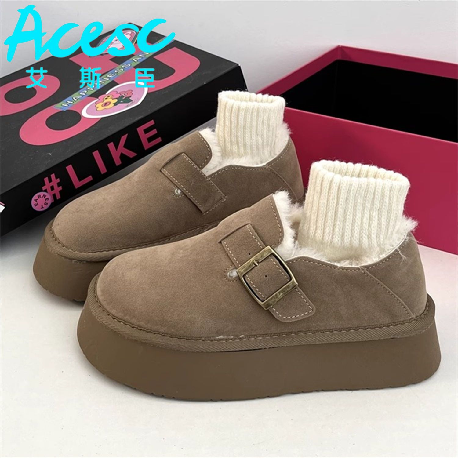 acesc retro metal buckle short snow boots women‘s winter fleece-lined 2024 new platform birkenstock cotton shoes