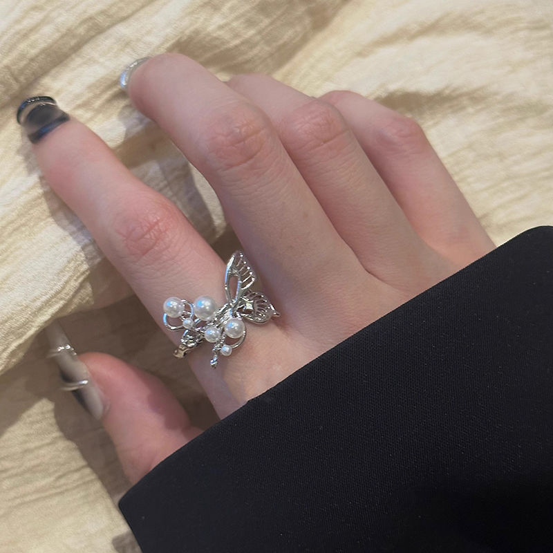 special-interest design butterfly pearl ring female ins fashionable stylish high sense index finger ring xiaohongshu same style ring