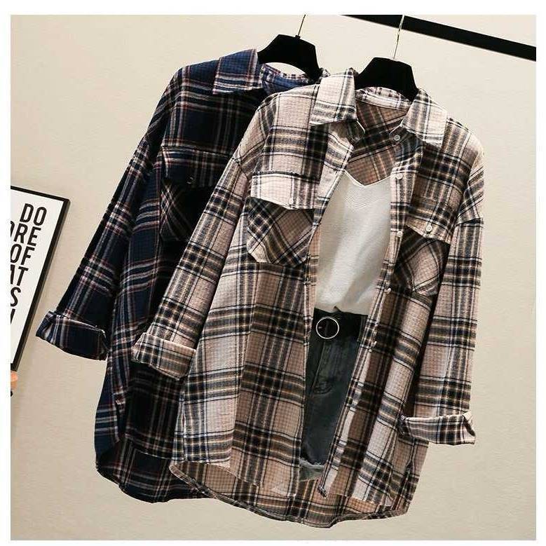 95% cotton 2024 spring and summer new large plaid academy style cardigan jacket long-sleeved loose slimming korean style shirt women