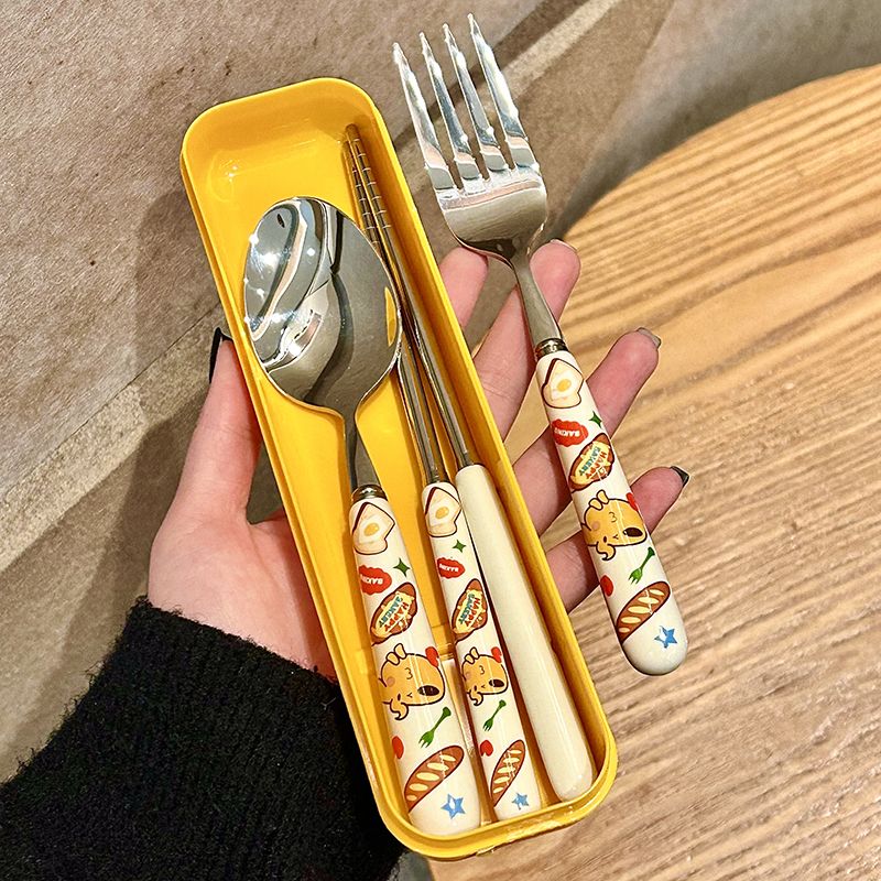 keir dog 304 stainless steel porcelain handle spoon fork chopsticks cute student dormitory household portable cutlery box