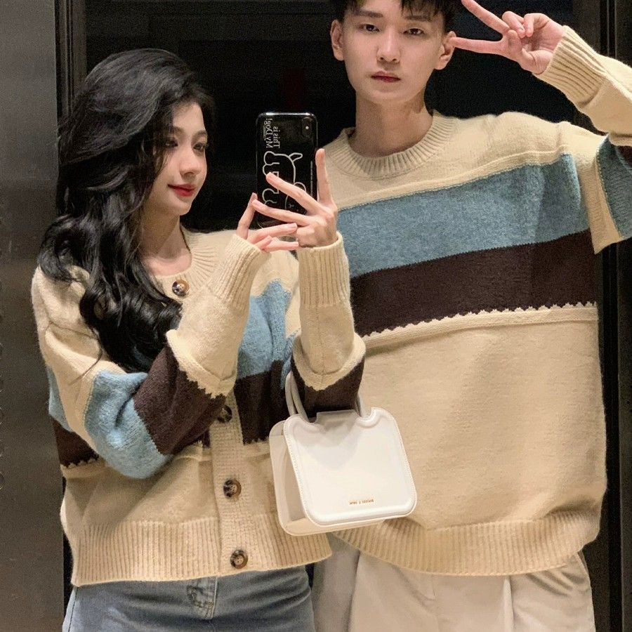 couple wear autumn and winter idle style ins super-hot sweater french loose striped design sense trend knitting cardigan