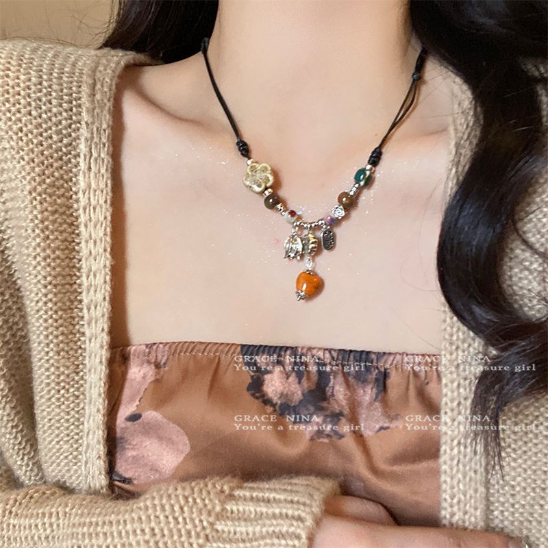 lucky persimmon! new chinese style ceramic beaded necklace female niche design ethnic style clavicle chain 2023 new fashion