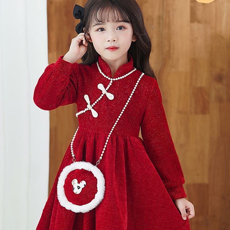 spring festival new year clothes 2023 spring and autumn girls cheongsam red dress fleece-lined new christmas dress for new year