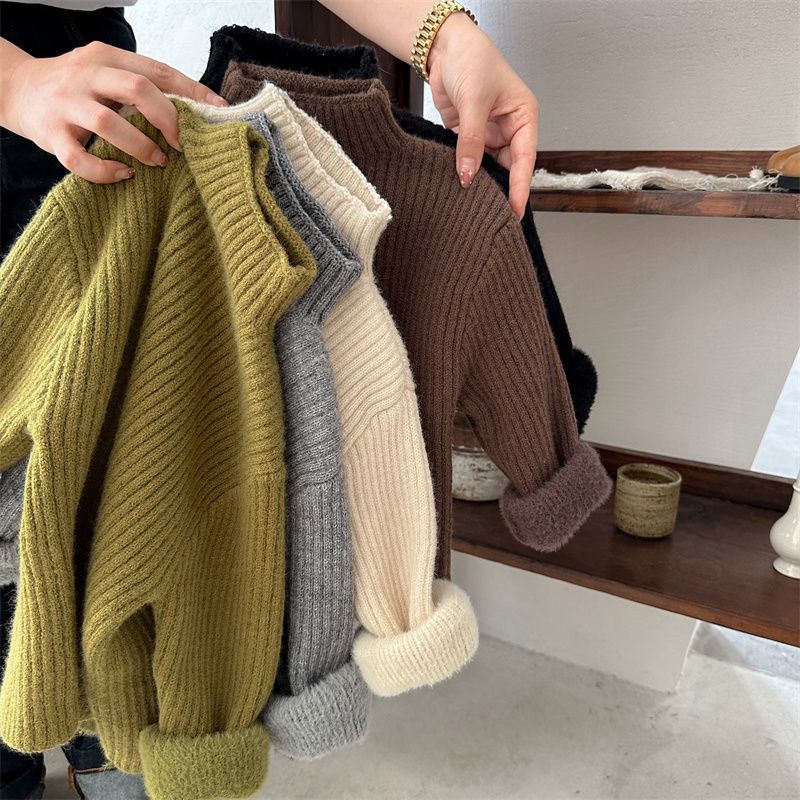 south korea kids‘ sweater 2024 winter boys‘ half turtleneck solid color with fur bottoming girls‘ western style pullover sweater