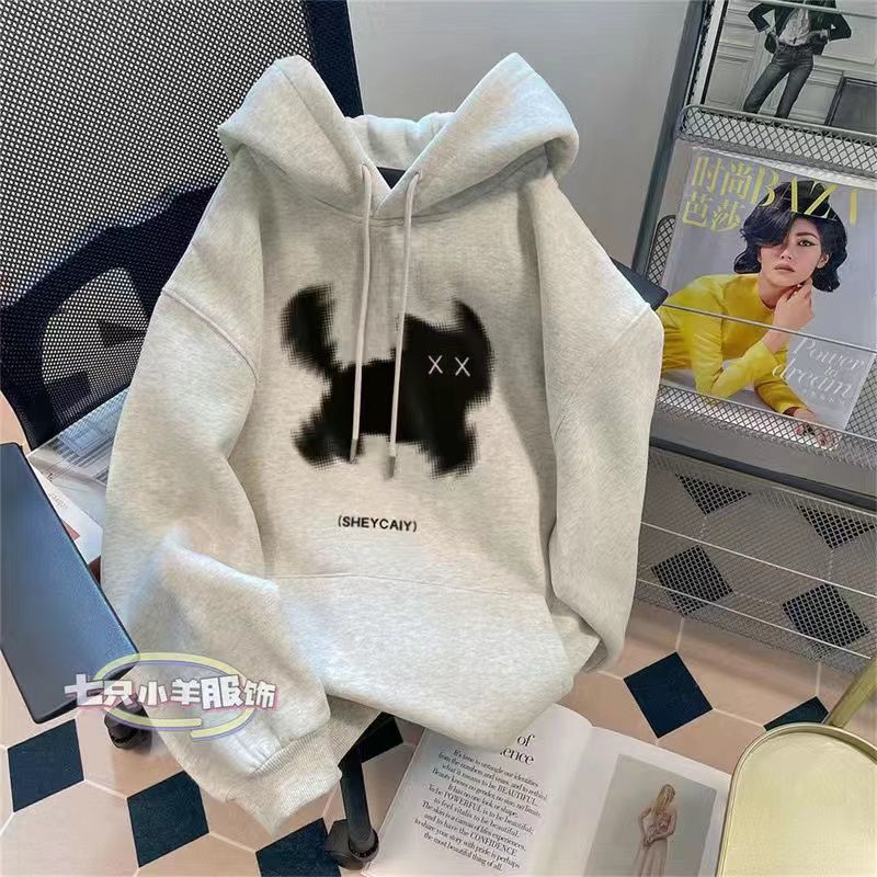 children‘s clothing autumn and winter gray hooded kitten sweater boys and girls ins silver fox velvet loose cartoon top middle and big children