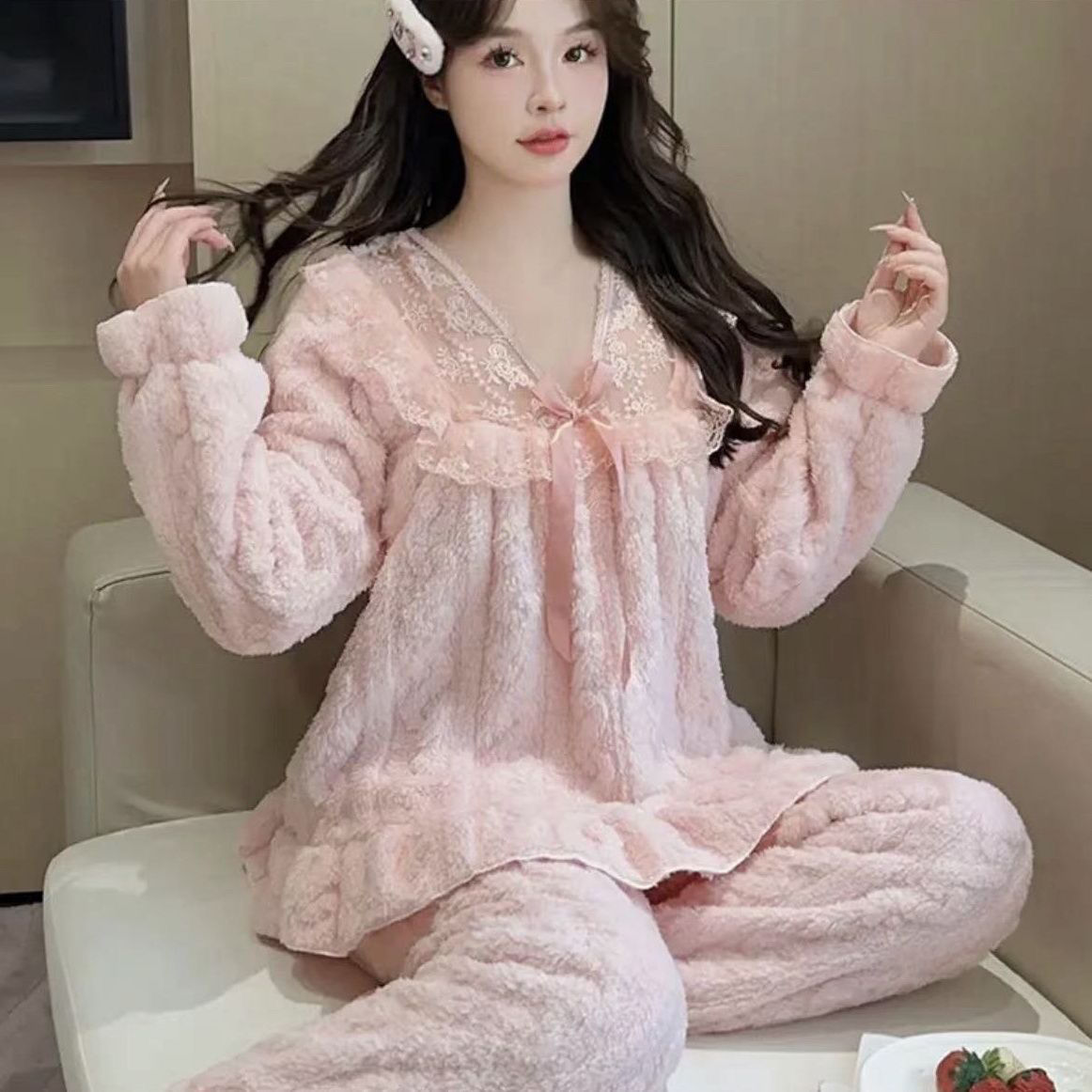 coral velvet pajamas new female student autumn and winter thickened korean style lace flannel princess style sweet home wear