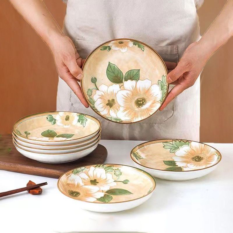 camellia plate cover plate platter bowl fruit plate tableware round new household good-looking ceramic plate