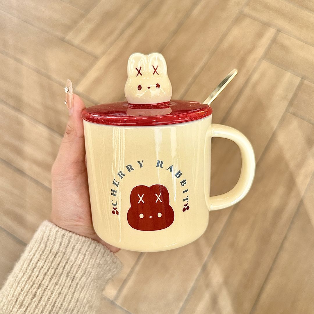 cute cherry rabbit ceramic mug creative high-looking couple‘s cups with cover spoon household water cup gift