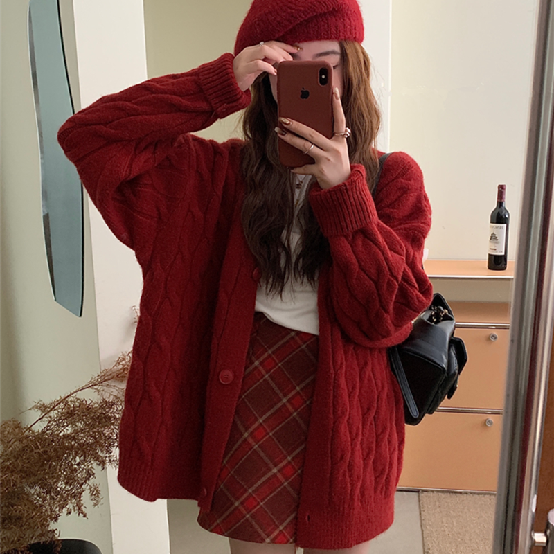 idle style new year christmas red knitted cardigan sweater coat women‘s autumn and winter 2024 new outdoor top