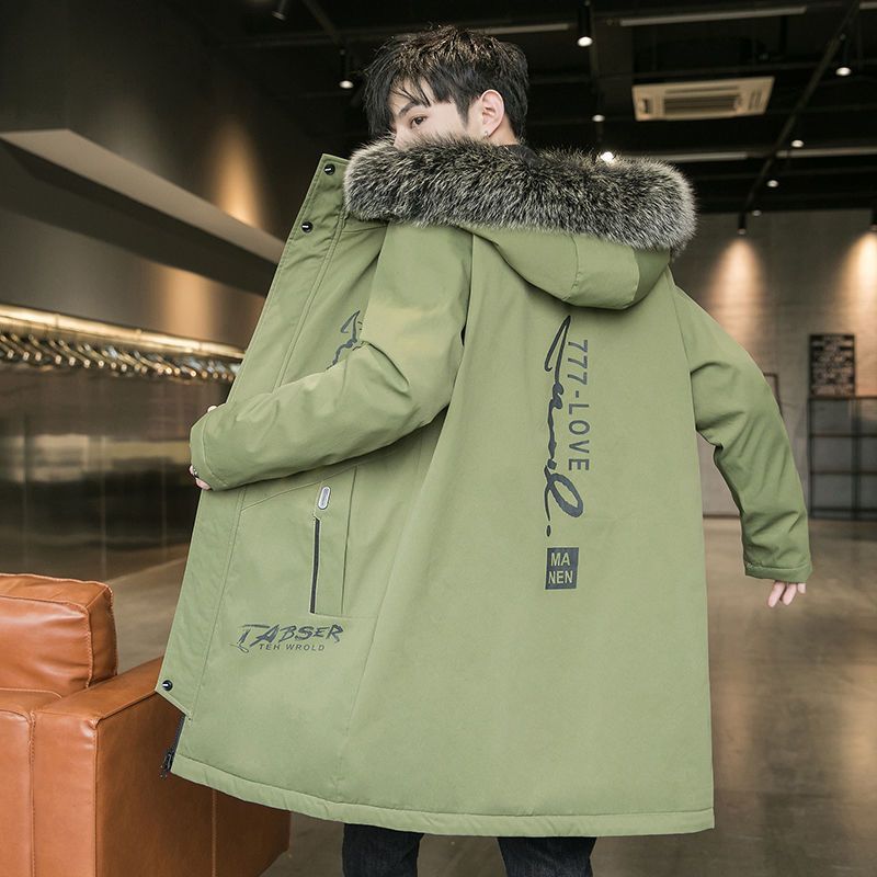 winter men‘s mid-length cotton-padded coat fleece-lined thickened big wool leepag overcome trendy handsome hooded cotton coat jacket men