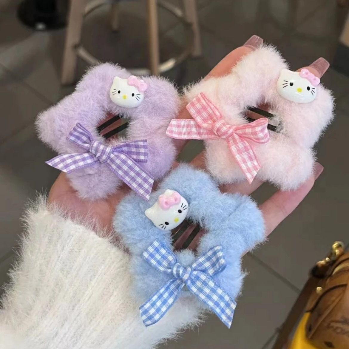 furry xingx hello kitty plaid bow barrettes girl heart bb clip sweet autumn and winter five-pointed star cartoon clip