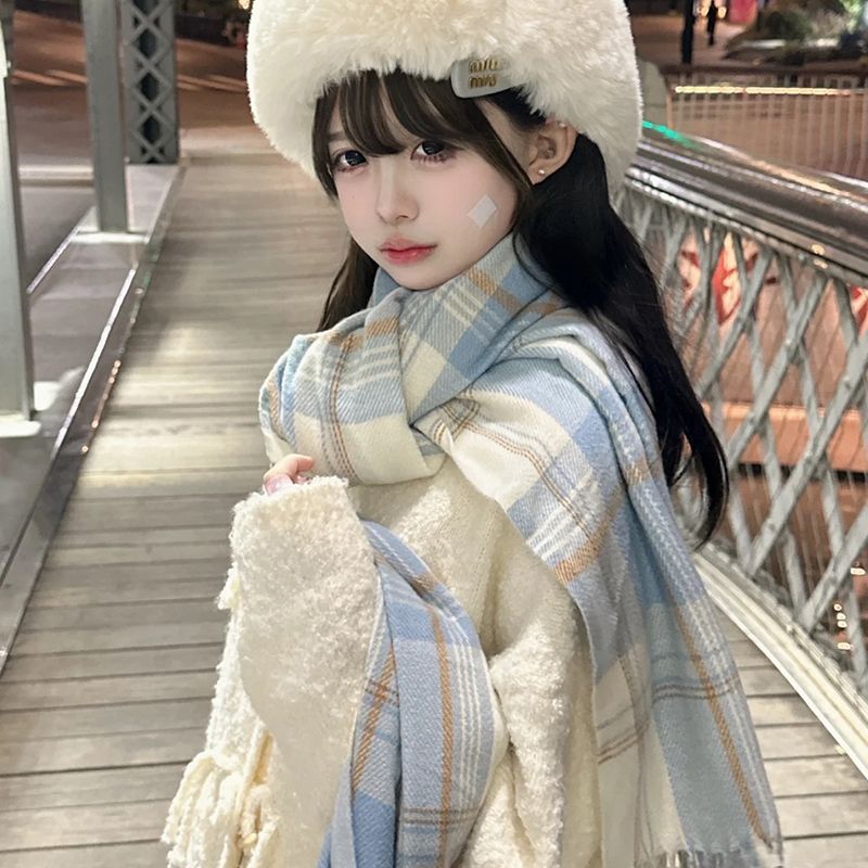 new plaid scarf ins female winter korean style all-match and cute student japanese style thermal korean style atmosphere scarf