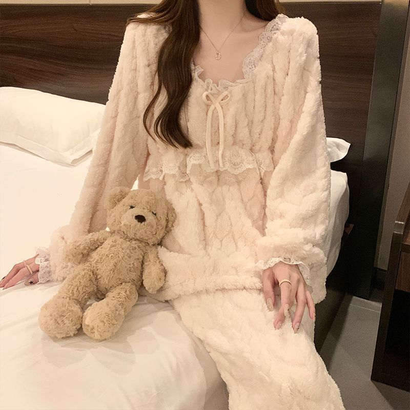 new winter western style princess style pajamas women‘s coral fleece sweet flannel fleece-lined thickened loungewear two-piece set