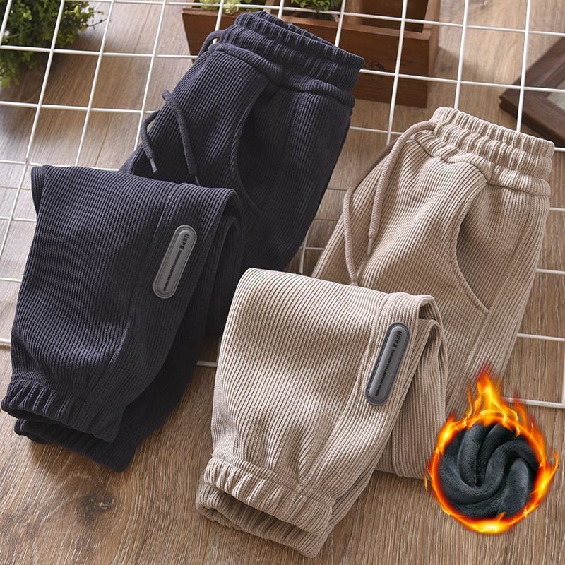 corduroy fleece-lined winter children and teens pants men‘s loose all-match trendy ankle-tied casual sports pants fashion children‘s clothing