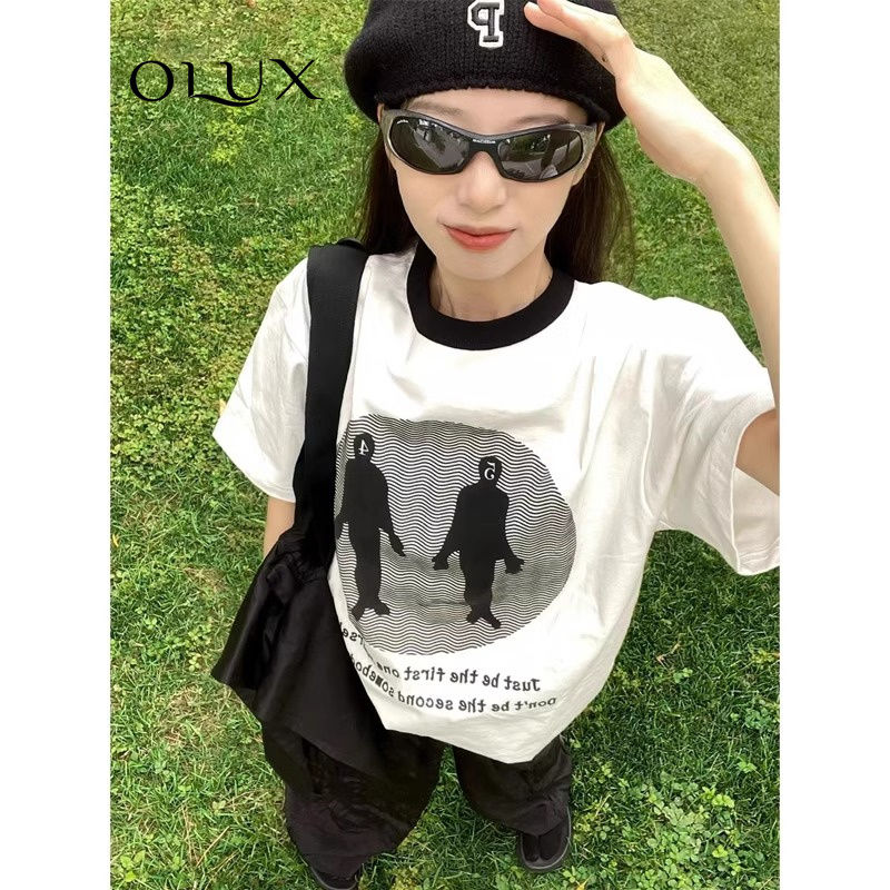 olux 100% cotton graffiti printing national fashion loose stitching couple american retro short sleeve t-shirt men‘s and women‘s tops