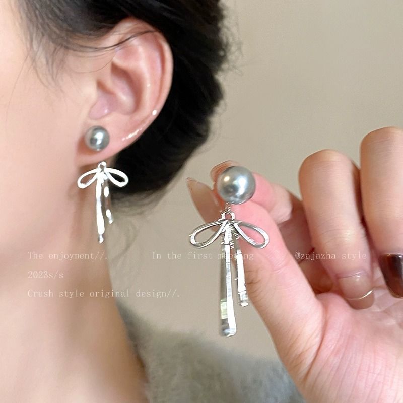 sterling silver stud earrings bow gray pearl autumn and winter 2024 new popular eardrop earring cute and all-match