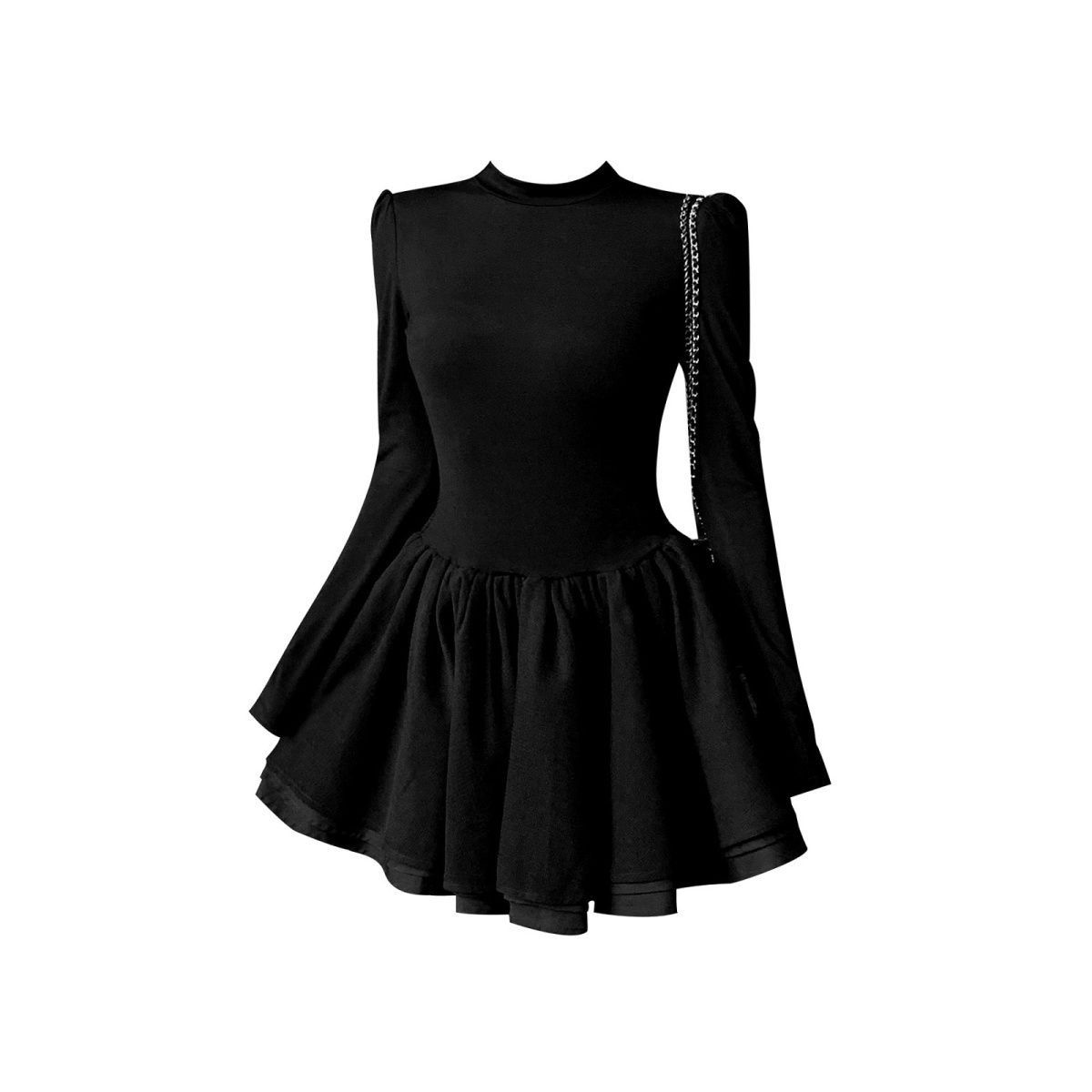 qianjin socialite style half-high collar long sleeves dress women‘s autumn and winter temperament waist-controlled puffy short skirt a- line little black dress