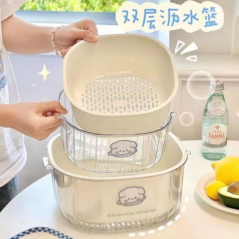 new double-layer vegetable washing basket draining basket kitchen living room coffee table household vegetable basket fruit plate vegetable washing basket rice washing