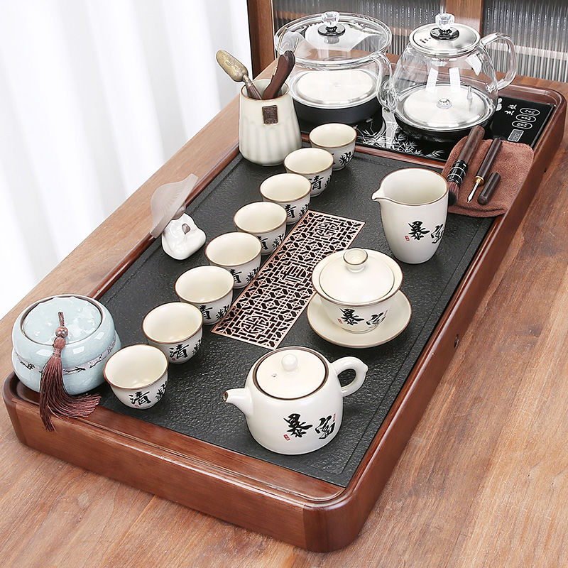 whole set teaware set solid wood black gold stone tea tray kung fu tea table bottom water-feeding integrated automatic household tea brewing channels