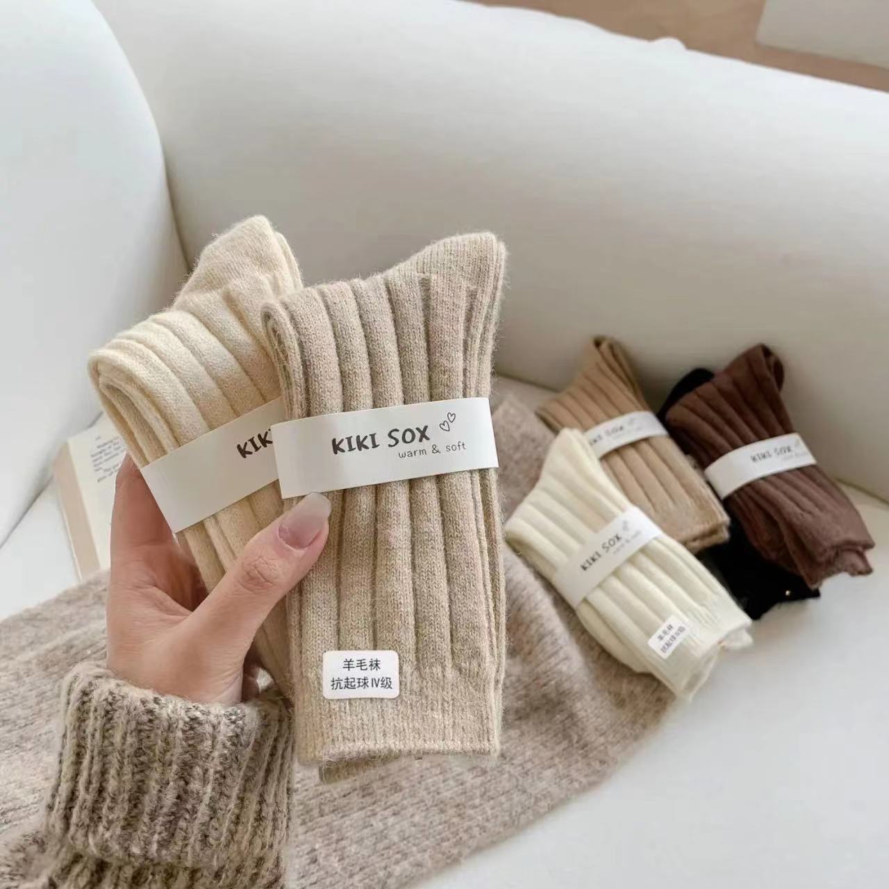 solid color wool socks winter women‘s fleece lined padded warm keeping ins trendy japanese pure cashmere stockings bunching socks