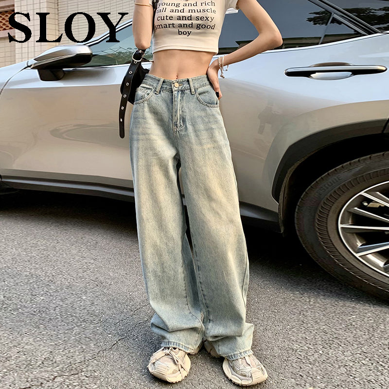 sloy washed blue high waist wide leg jeans for women spring new niche high street loose slimming draping mopping pants