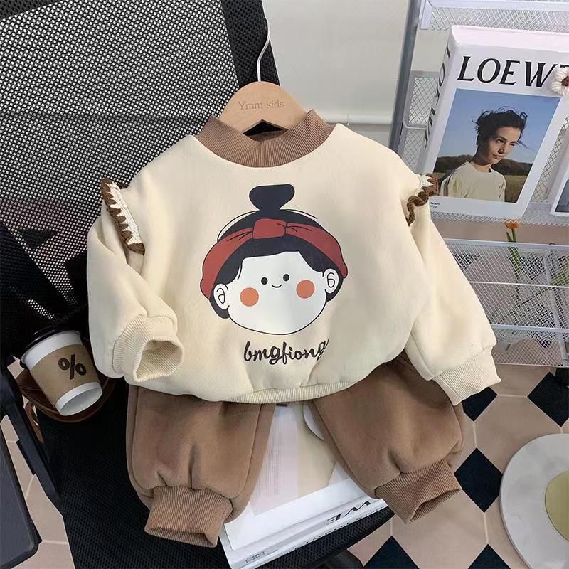 popular girls suit autumn and winter fleece-lined 2024 new western style children sweatshirt and sweatpants children baby two-piece suit