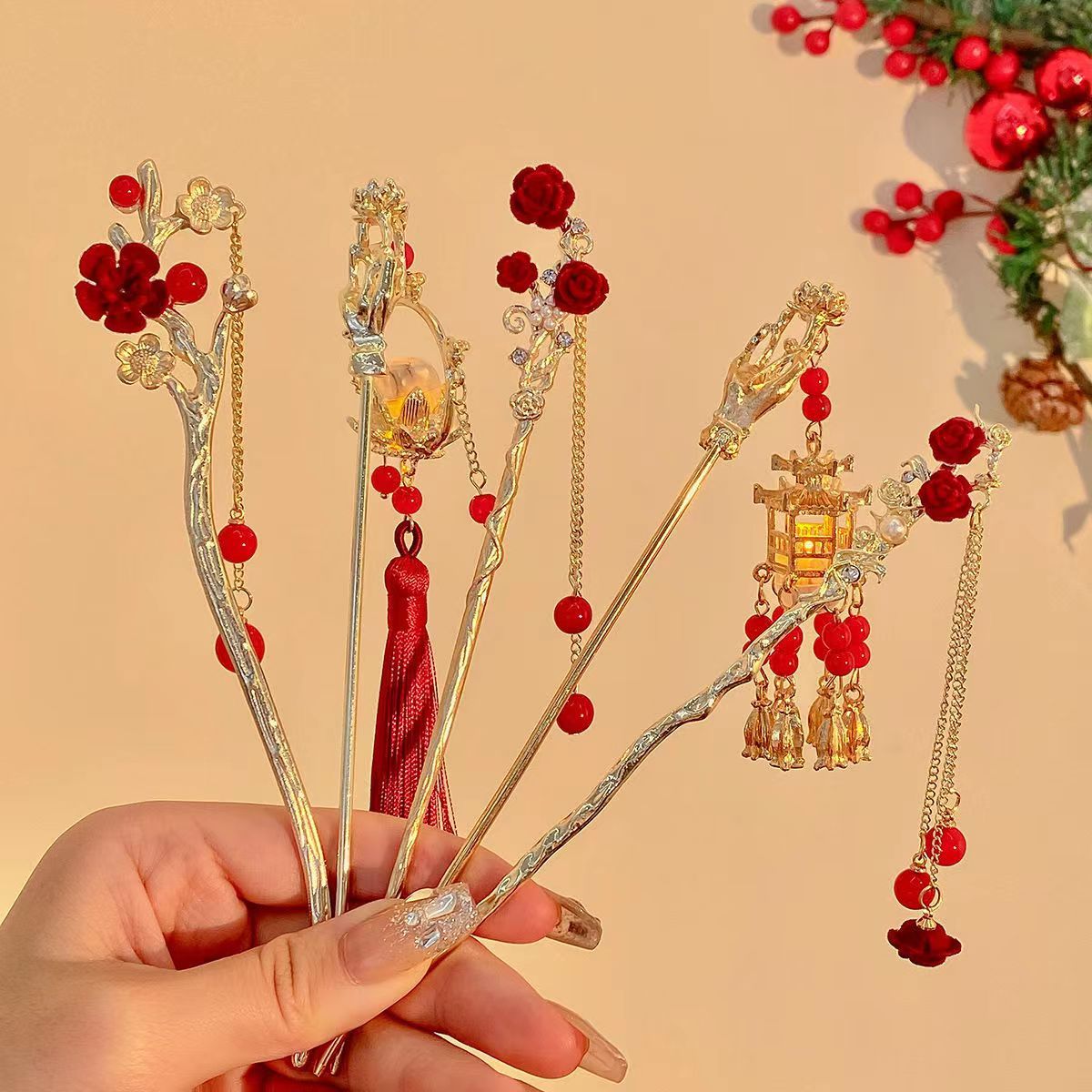 red camellia hairpin autumn and winter high-grade back head chinese updo hair clasp ancient style han chinese clothing headdress tassel hair clasp